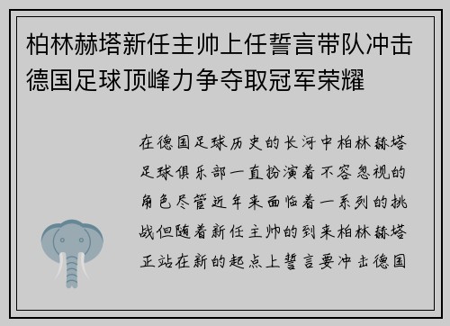 柏林赫塔新任主帅上任誓言带队冲击德国足球顶峰力争夺取冠军荣耀